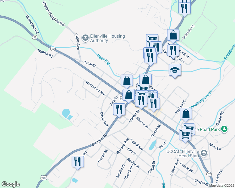 map of restaurants, bars, coffee shops, grocery stores, and more near 40 Center Street in Ellenville