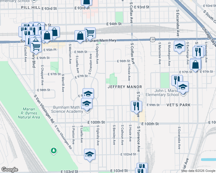 map of restaurants, bars, coffee shops, grocery stores, and more near 9729 South Yates Avenue in Chicago