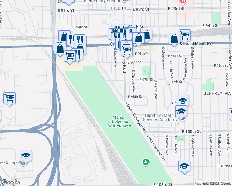 map of restaurants, bars, coffee shops, grocery stores, and more near 9733 South Van Vlissingen Road in Chicago