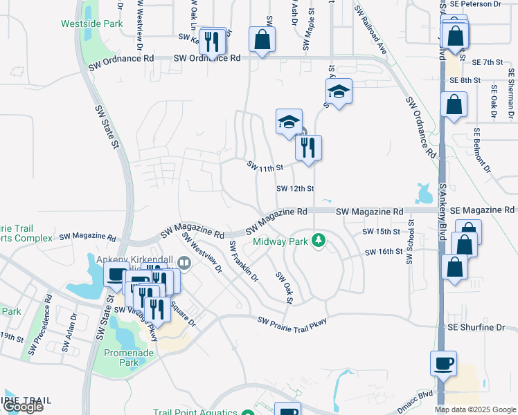 map of restaurants, bars, coffee shops, grocery stores, and more near 1207 Southwest Des Moines Street in Ankeny
