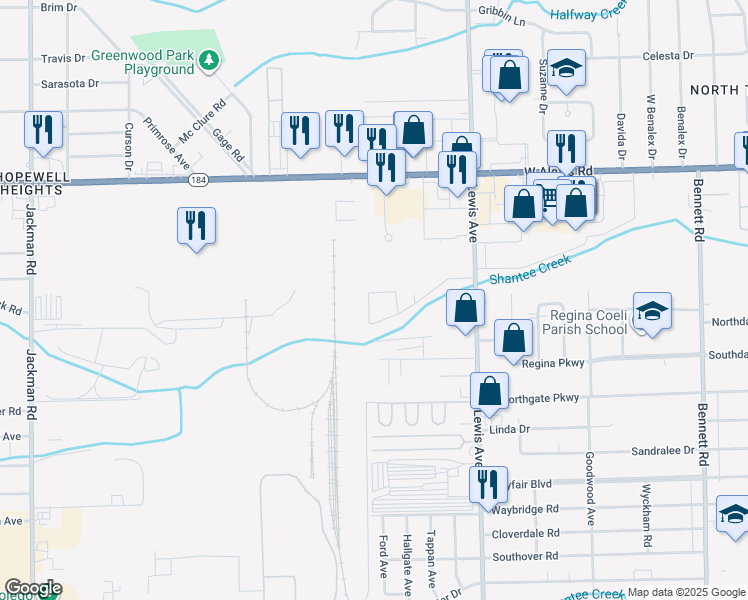 map of restaurants, bars, coffee shops, grocery stores, and more near 5555 Lewis Avenue in Toledo