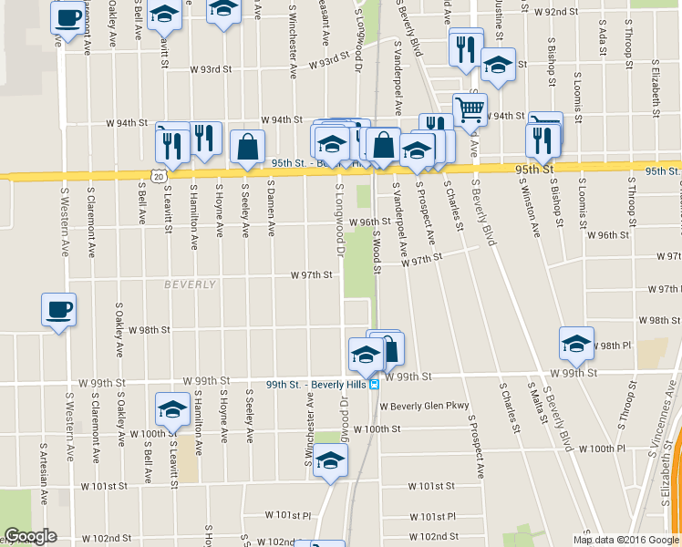 map of restaurants, bars, coffee shops, grocery stores, and more near 9698 South Longwood Drive in Chicago