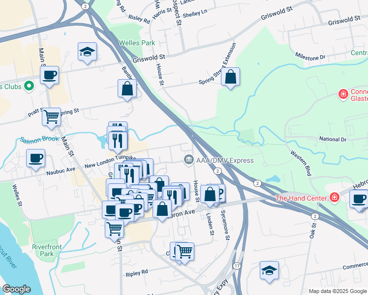 map of restaurants, bars, coffee shops, grocery stores, and more near Highway 2 in Glastonbury
