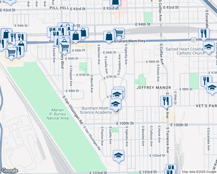 map of restaurants, bars, coffee shops, grocery stores, and more near 9717 South Luella Avenue in Chicago