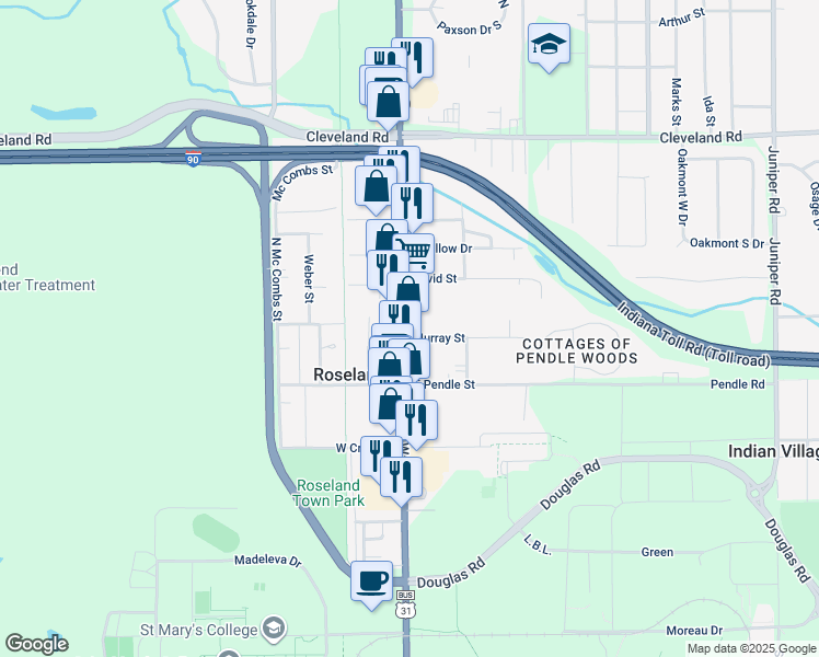 map of restaurants, bars, coffee shops, grocery stores, and more near 214 North Dixie Way in South Bend