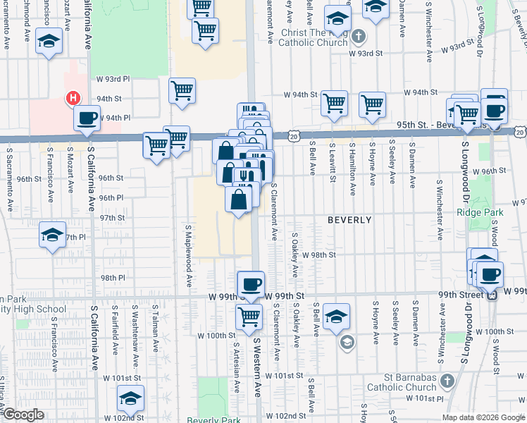 map of restaurants, bars, coffee shops, grocery stores, and more near 9638 South Claremont Avenue in Chicago