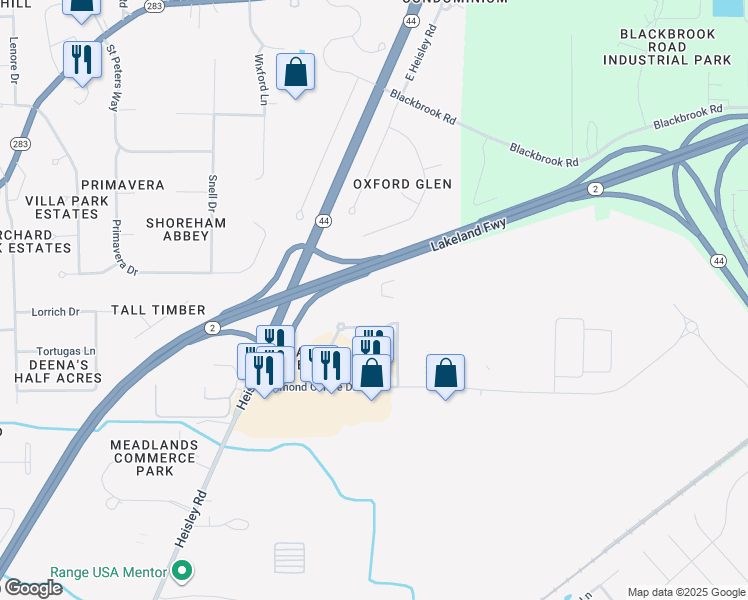 map of restaurants, bars, coffee shops, grocery stores, and more near 5650 Emerald Court in Mentor