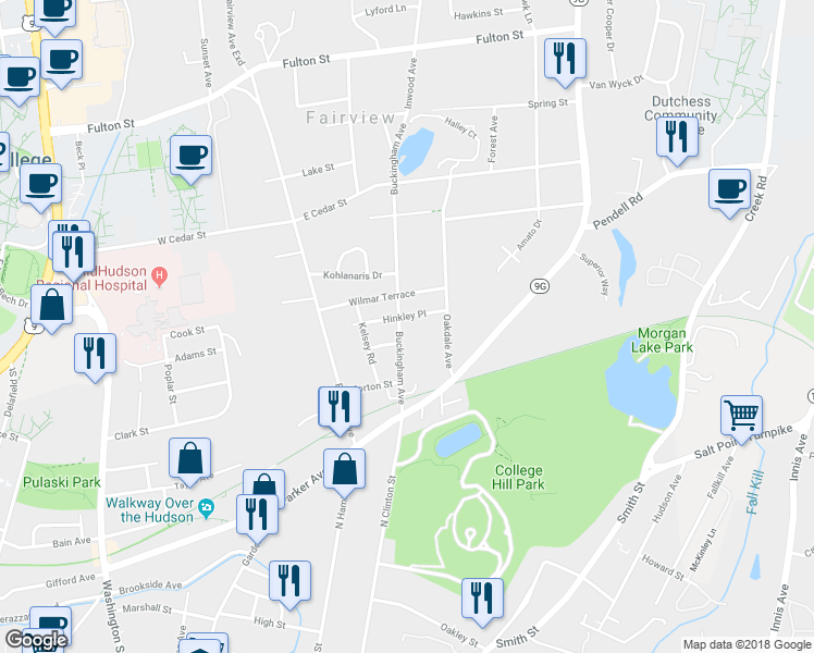 map of restaurants, bars, coffee shops, grocery stores, and more near 30 Buckingham Avenue in Poughkeepsie