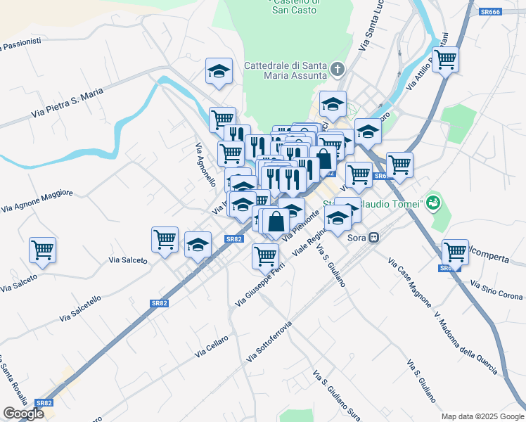 map of restaurants, bars, coffee shops, grocery stores, and more near 19 Via Napoli in Sora