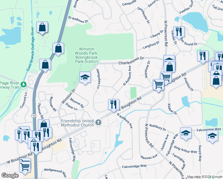 map of restaurants, bars, coffee shops, grocery stores, and more near 601 Derbyshire Lane in Bolingbrook