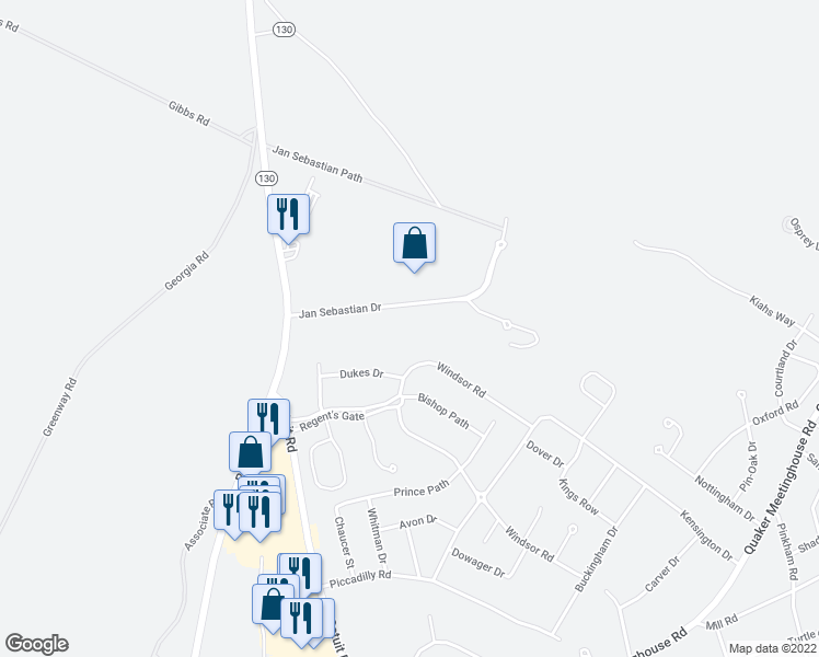 map of restaurants, bars, coffee shops, grocery stores, and more near 16 Jan Sebastian Drive in Sandwich