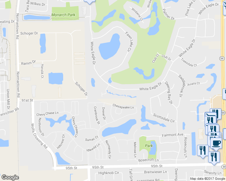 map of restaurants, bars, coffee shops, grocery stores, and more near 3452 White Eagle Drive in Naperville