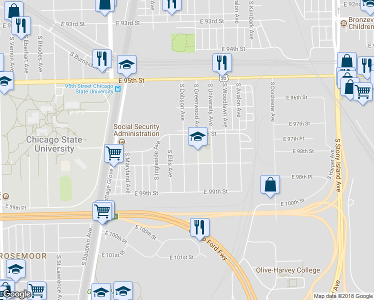 map of restaurants, bars, coffee shops, grocery stores, and more near 9735 South Dobson Avenue in Chicago