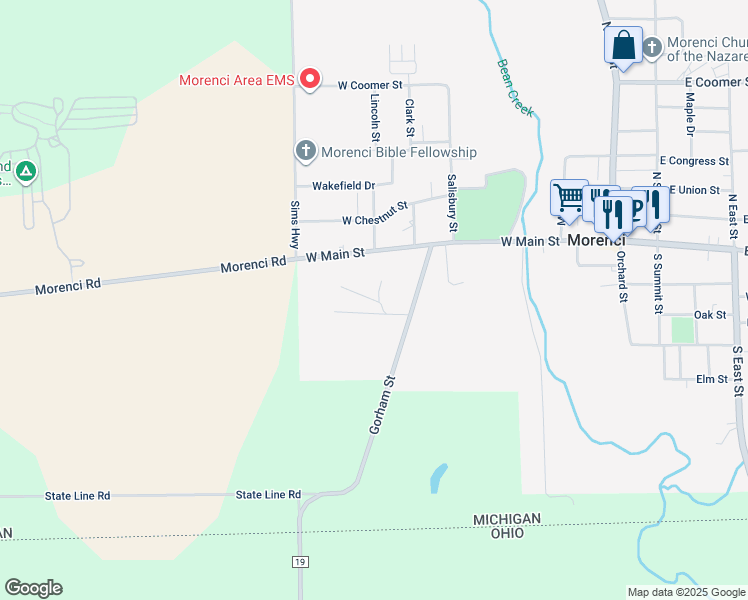 map of restaurants, bars, coffee shops, grocery stores, and more near York Hill in Morenci