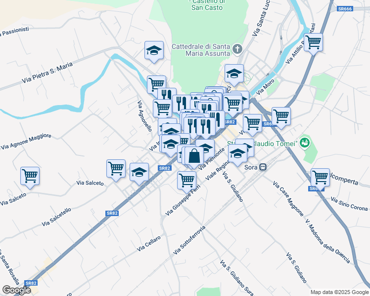 map of restaurants, bars, coffee shops, grocery stores, and more near 19 Via Napoli in Sora