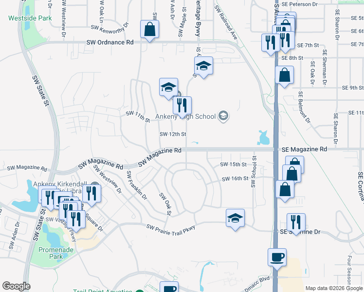 map of restaurants, bars, coffee shops, grocery stores, and more near 602 Southwest Magazine Road in Ankeny