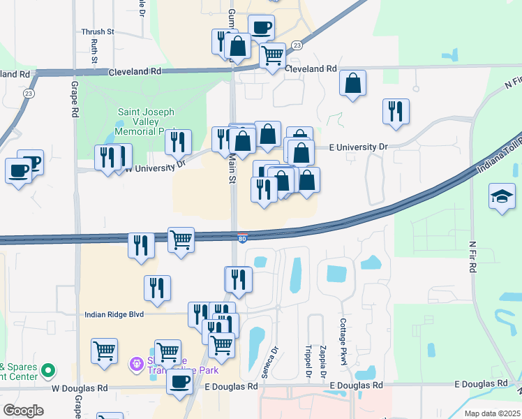map of restaurants, bars, coffee shops, grocery stores, and more near 155 East University Drive in Granger