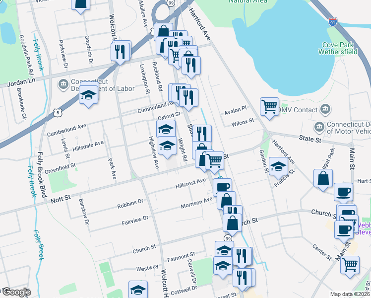 map of restaurants, bars, coffee shops, grocery stores, and more near 41 Wright Road in Wethersfield