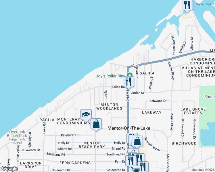 map of restaurants, bars, coffee shops, grocery stores, and more near 5641 Ivy Drive in Mentor-on-the-Lake
