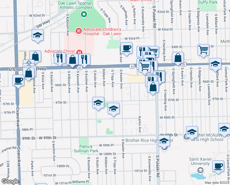 map of restaurants, bars, coffee shops, grocery stores, and more near 9617 South Tripp Avenue in Oak Lawn