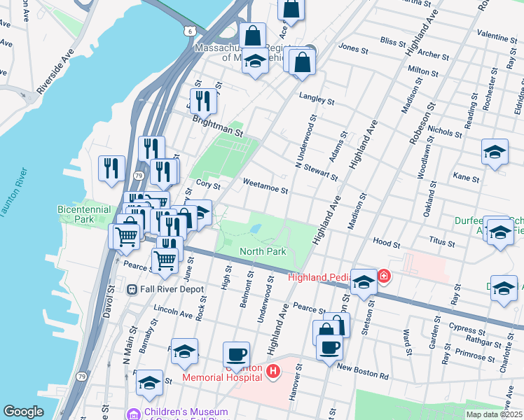 map of restaurants, bars, coffee shops, grocery stores, and more near 1253 North High Street in Fall River