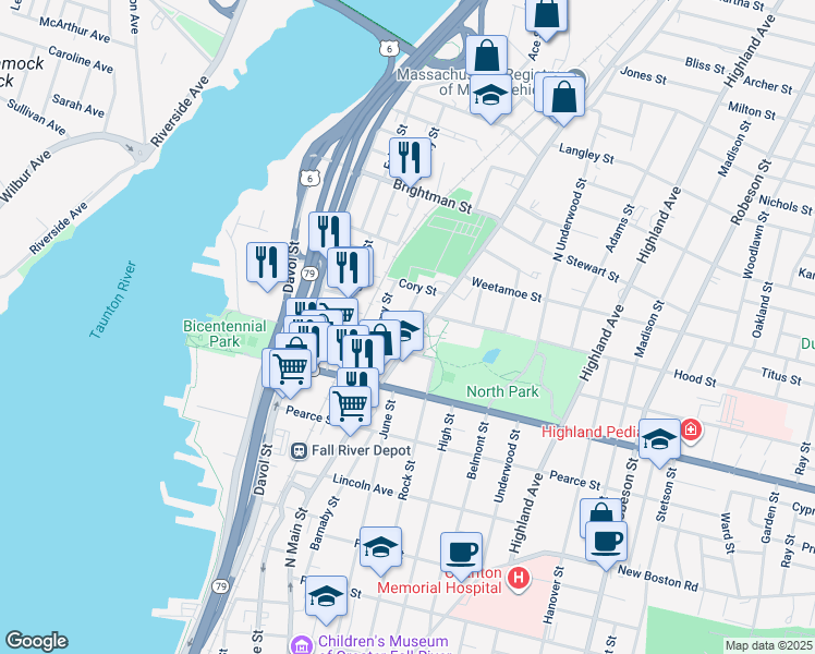 map of restaurants, bars, coffee shops, grocery stores, and more near 35 Hood Street in Fall River