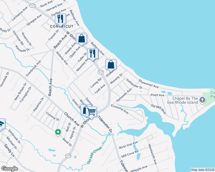 map of restaurants, bars, coffee shops, grocery stores, and more near 1034 West Shore Road in Warwick