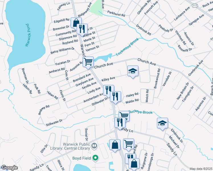 map of restaurants, bars, coffee shops, grocery stores, and more near 222 Killey Avenue in Warwick