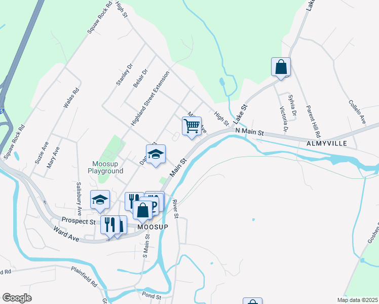 map of restaurants, bars, coffee shops, grocery stores, and more near 205 Main Street in Plainfield