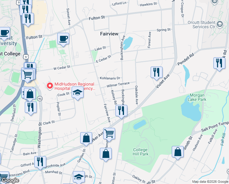 map of restaurants, bars, coffee shops, grocery stores, and more near 9 Hinkley Place in Poughkeepsie