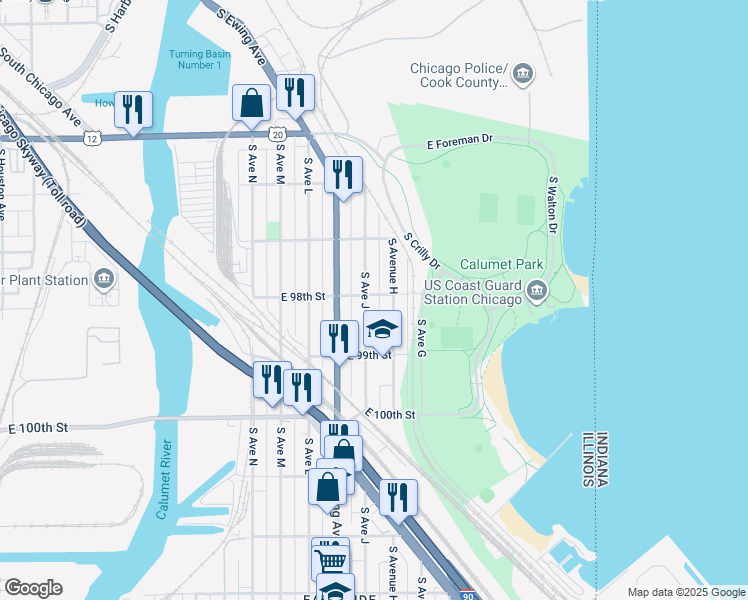 map of restaurants, bars, coffee shops, grocery stores, and more near 9753 South Avenue J in Chicago