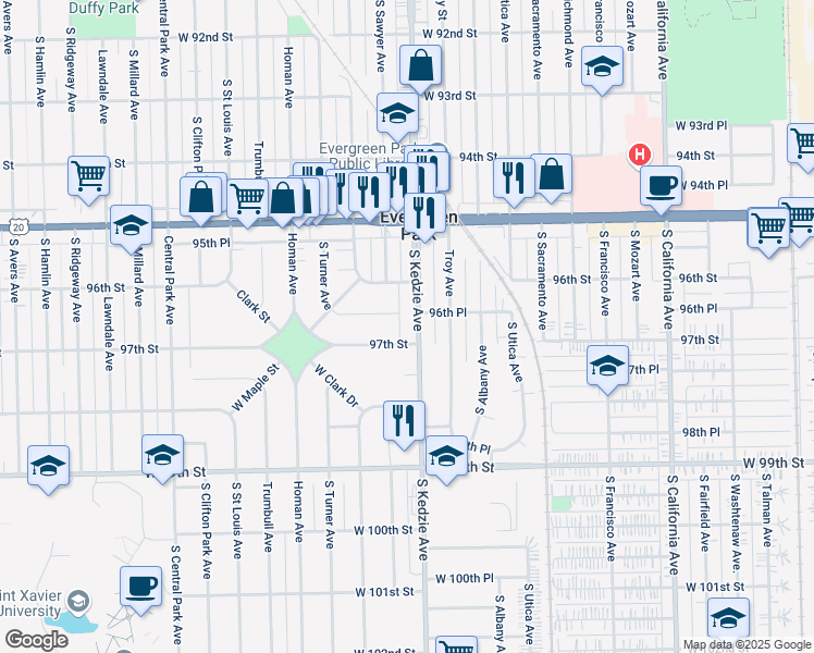 map of restaurants, bars, coffee shops, grocery stores, and more near 9620 South Kedzie Avenue in Evergreen Park