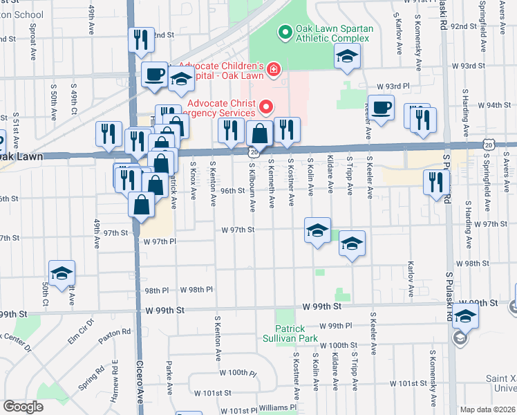 map of restaurants, bars, coffee shops, grocery stores, and more near 9604 South Kilbourn Avenue in Oak Lawn