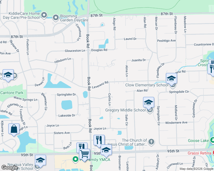 map of restaurants, bars, coffee shops, grocery stores, and more near 28W680 Leverenz Road in Naperville