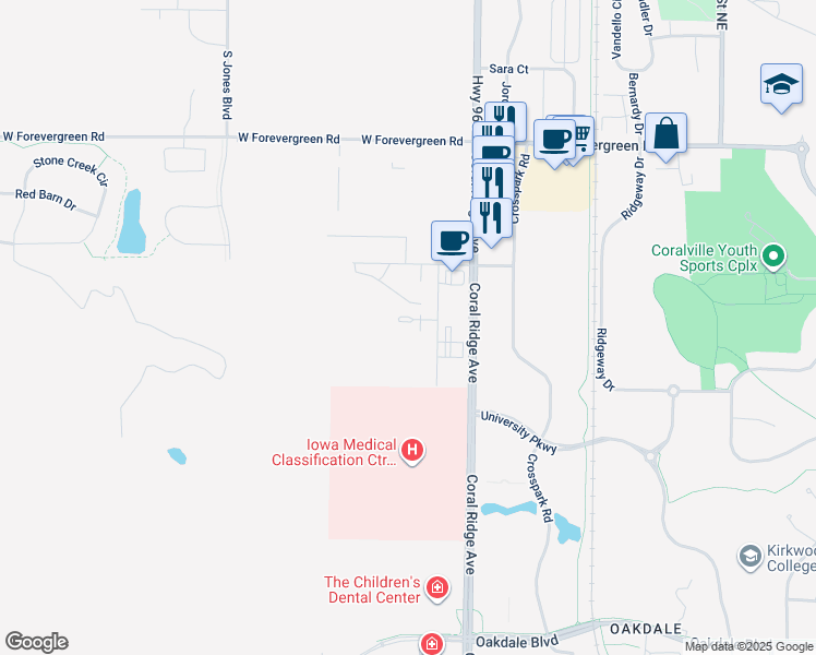 map of restaurants, bars, coffee shops, grocery stores, and more near Coral Ridge Avenue in Coralville