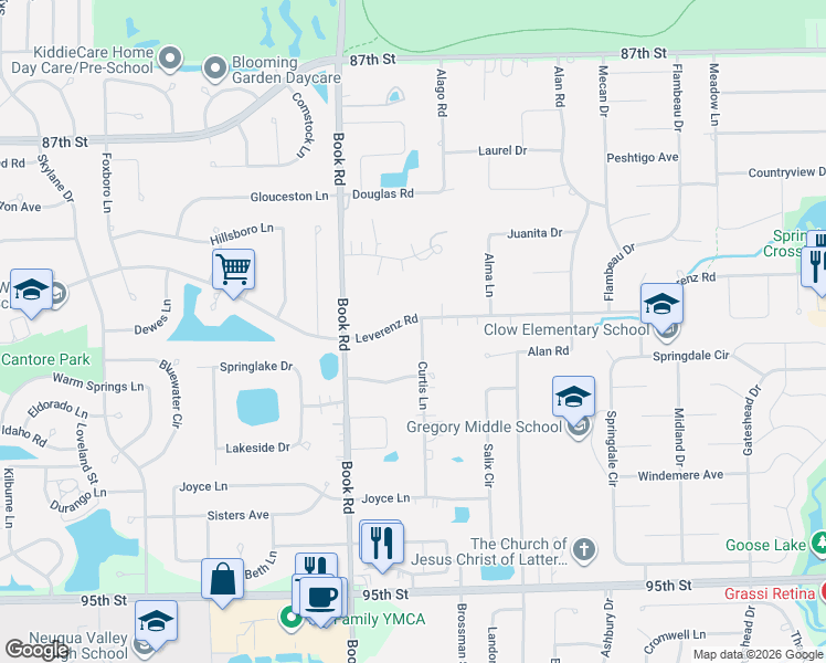 map of restaurants, bars, coffee shops, grocery stores, and more near 28W680 Leverenz Road in Naperville