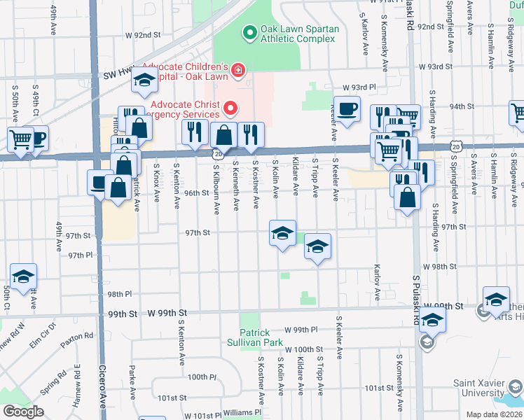 map of restaurants, bars, coffee shops, grocery stores, and more near 9621 South Kostner Avenue in Oak Lawn