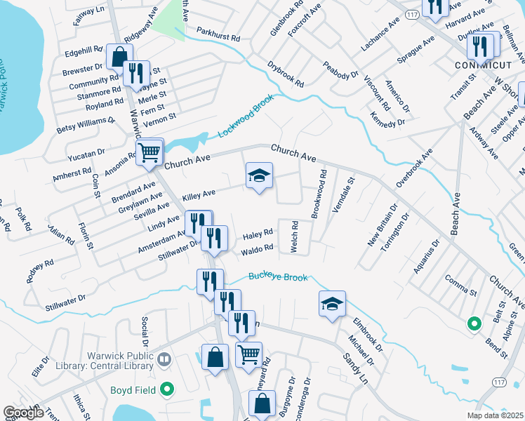 map of restaurants, bars, coffee shops, grocery stores, and more near 120 Killey Avenue in Warwick