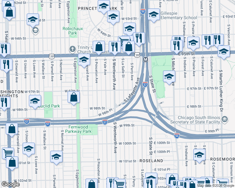 map of restaurants, bars, coffee shops, grocery stores, and more near 9701 South Wentworth Avenue in Chicago