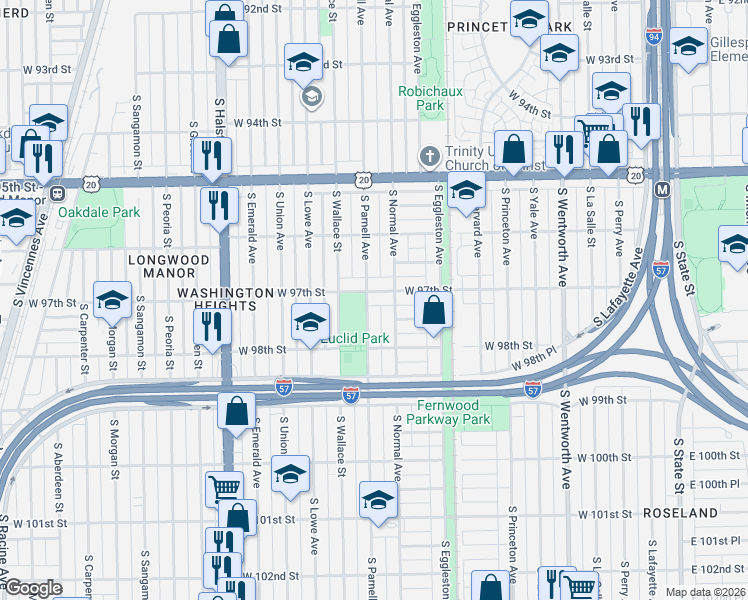 map of restaurants, bars, coffee shops, grocery stores, and more near 500 West 97th Street in Chicago