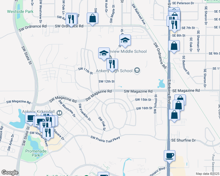map of restaurants, bars, coffee shops, grocery stores, and more near 606 Southwest Magazine Road in Ankeny