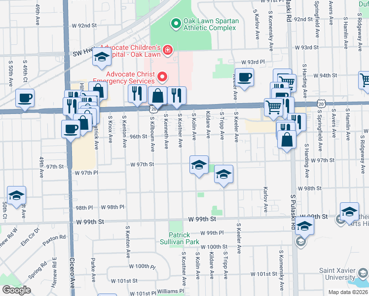 map of restaurants, bars, coffee shops, grocery stores, and more near 9621 South Kostner Avenue in Oak Lawn