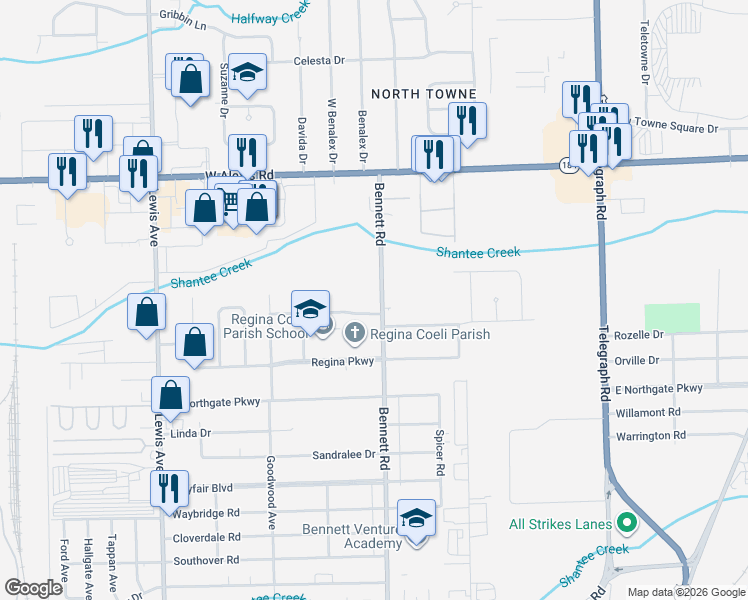 map of restaurants, bars, coffee shops, grocery stores, and more near 5539 Bennett Road in Toledo