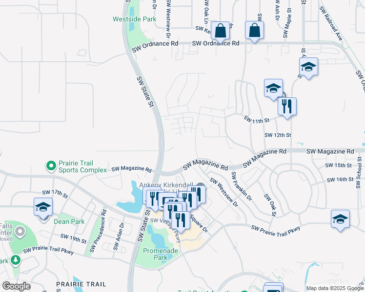 map of restaurants, bars, coffee shops, grocery stores, and more near 1410 Southwest Magazine Road in Ankeny