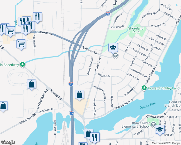 map of restaurants, bars, coffee shops, grocery stores, and more near 5493 Brook Point Road in Toledo