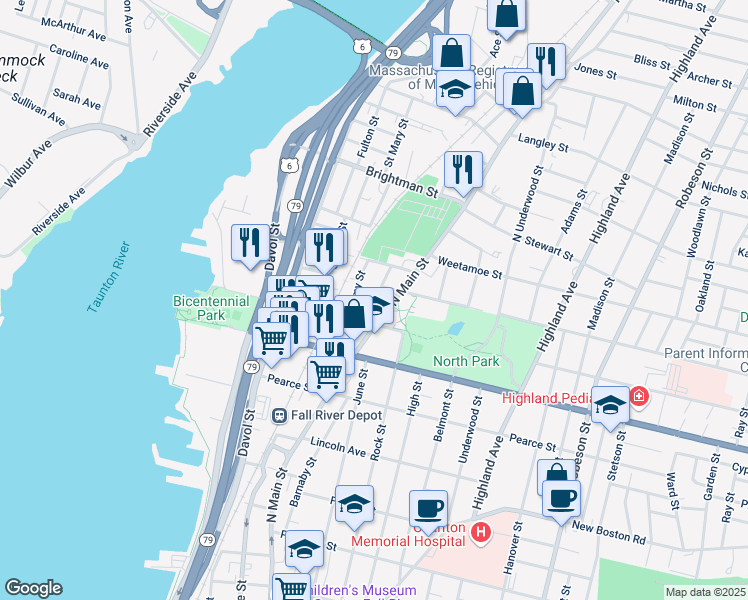 map of restaurants, bars, coffee shops, grocery stores, and more near 35 Hood Street in Fall River
