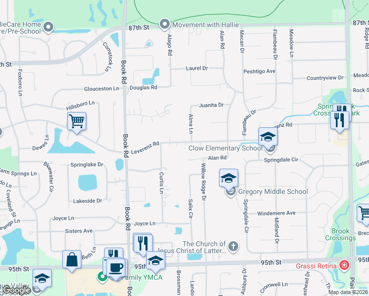 map of restaurants, bars, coffee shops, grocery stores, and more near 28W587 Leverenz Road in Naperville