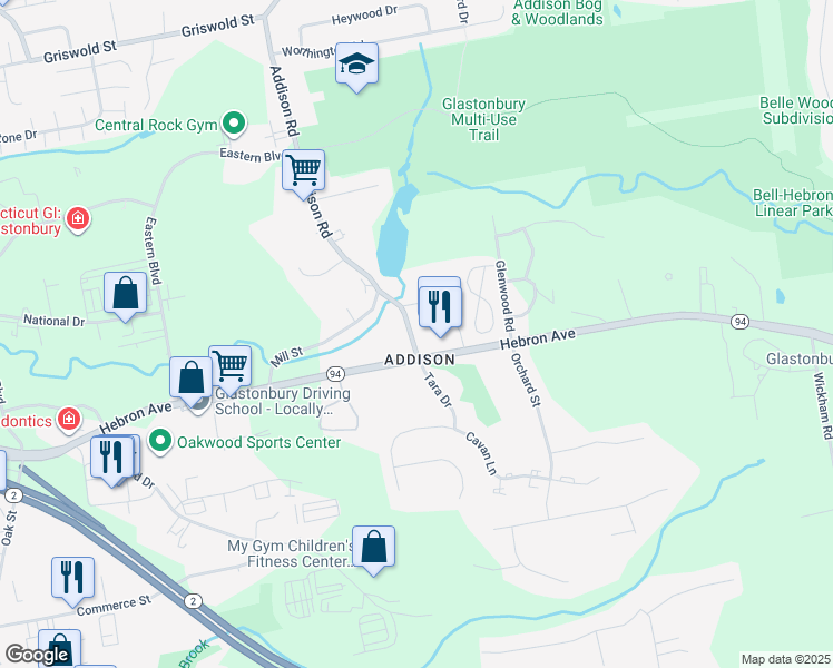 map of restaurants, bars, coffee shops, grocery stores, and more near 28 Addison Road in Glastonbury