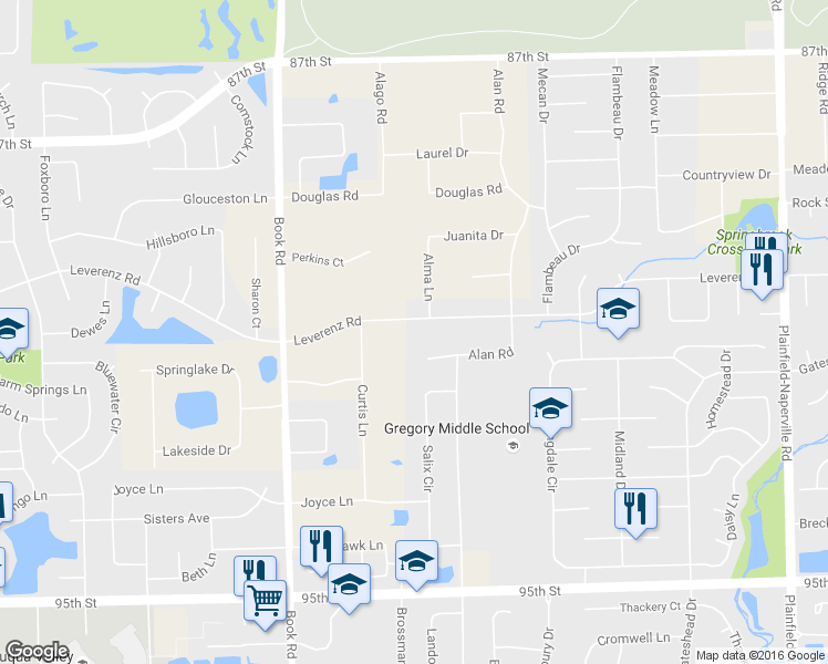 map of restaurants, bars, coffee shops, grocery stores, and more near 28W587 Leverenz Road in Naperville