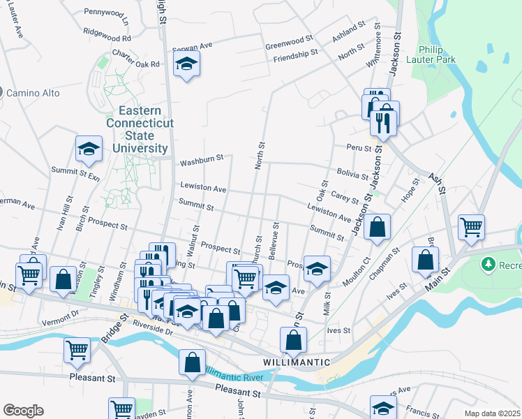 map of restaurants, bars, coffee shops, grocery stores, and more near 230 Church Street in Windham